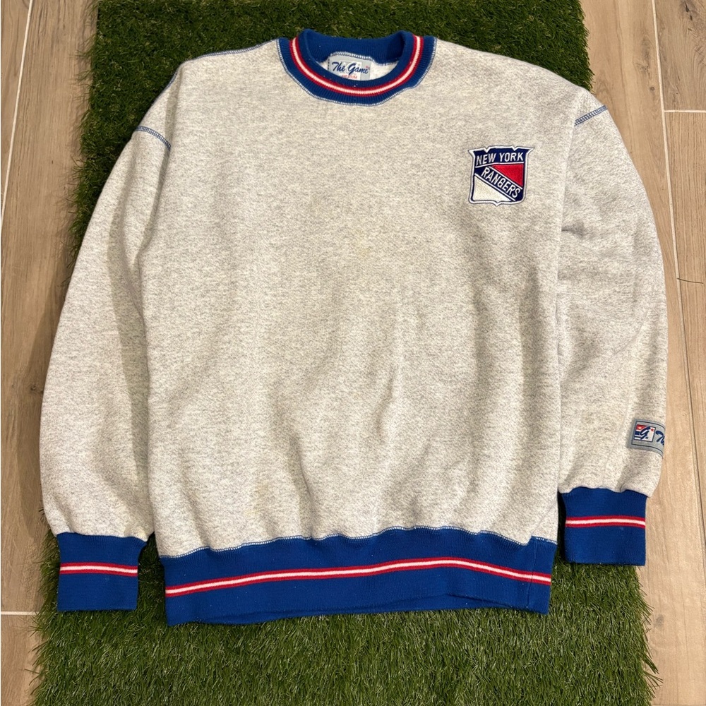 The Game Gray and Blue Crewneck Sweater with New York Rangers Emblem